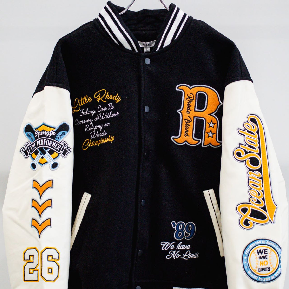 リブ襟ドット釦ベースボール袖PUスタジアムブルゾン(254-2027)