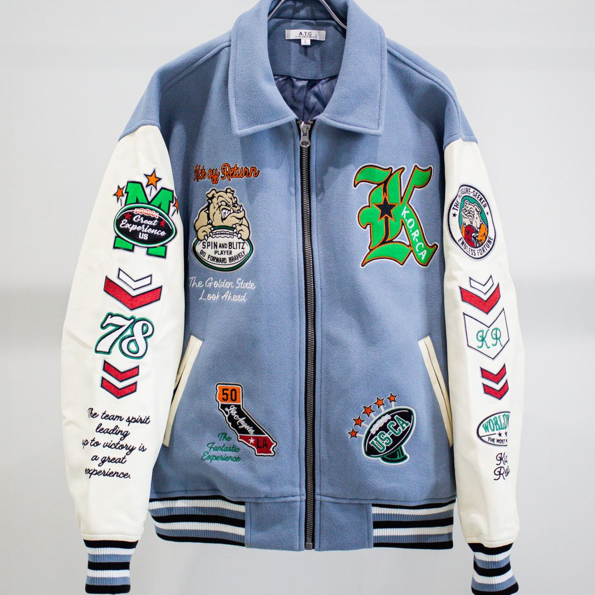 襟付きZIPブルドック袖PUスタジアムブルゾン（254-2017）