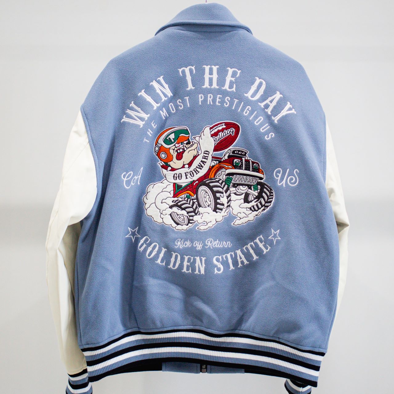 襟付きZIPブルドック袖PUスタジアムブルゾン（254-2017）