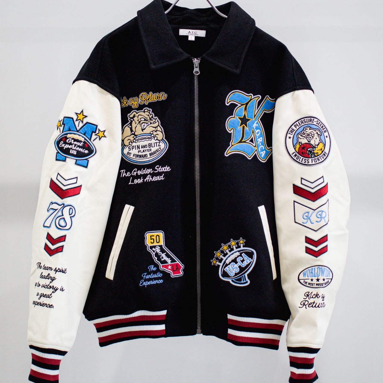 襟付きZIPブルドック袖PUスタジアムブルゾン（254-2017）