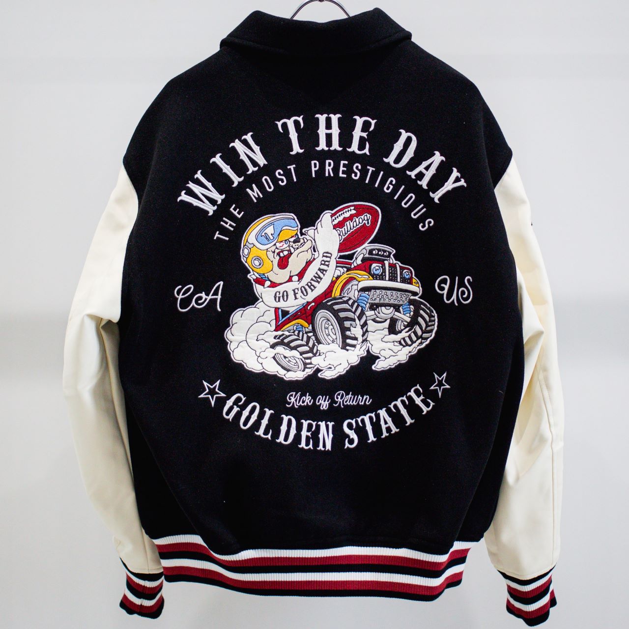 襟付きZIPブルドック袖PUスタジアムブルゾン（254-2017）