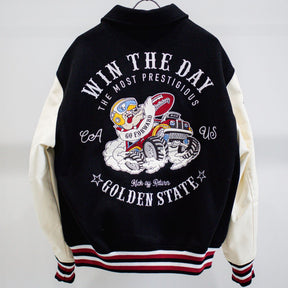 襟付きZIPブルドック袖PUスタジアムブルゾン（254-2017）