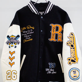 リブ襟ドット釦ベースボール袖PUスタジアムブルゾン（254-2027）