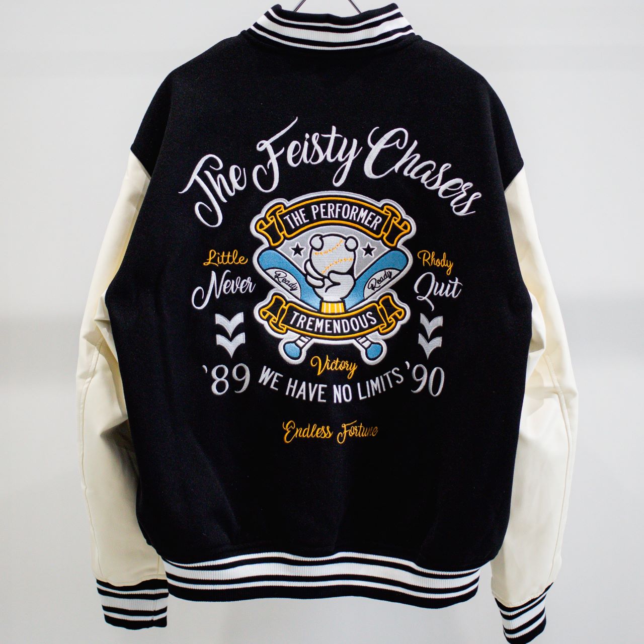 リブ襟ドット釦ベースボール袖PUスタジアムブルゾン（254-2027）