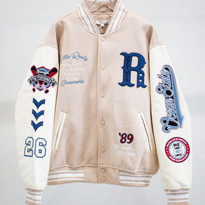 リブ襟ドット釦ベースボール袖PUスタジアムブルゾン（254-2027）