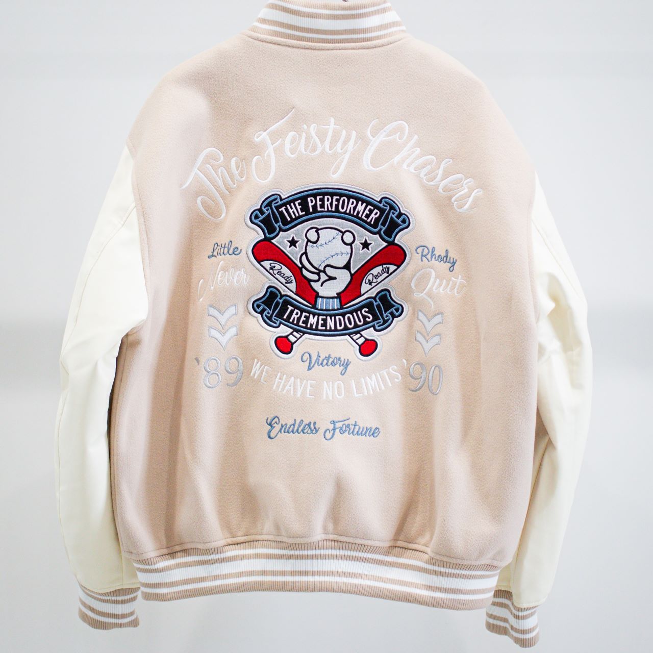 リブ襟ドット釦ベースボール袖PUスタジアムブルゾン（254-2027）