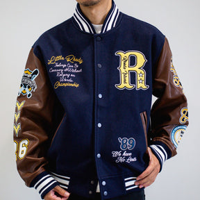 リブ襟ドット釦ベースボール袖PUスタジアムブルゾン（254-2027）