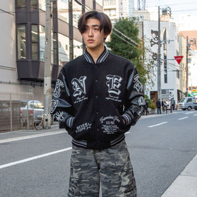 リブ襟ドット釦フェイクメルトン袖PUスタジアムブルゾン（254-2047）