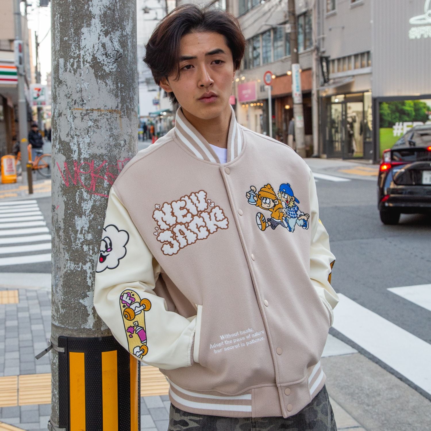 NEW JACK リブ襟ドット釦袖PUスタジアムブルゾン（NJ254-2207）