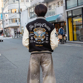 リブ襟ドット釦ベースボール袖PUスタジアムブルゾン（254-2027）