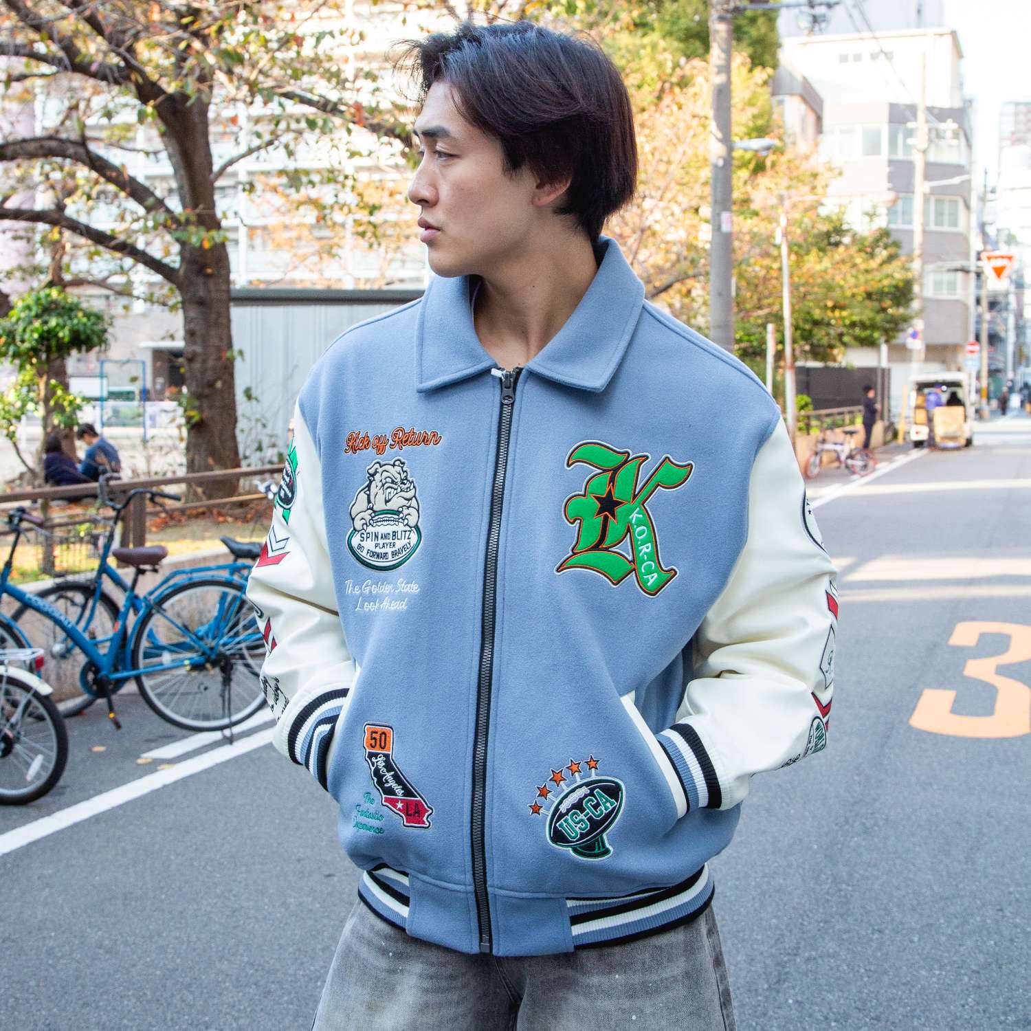 襟付きZIPブルドック袖PUスタジアムブルゾン（254-2017）