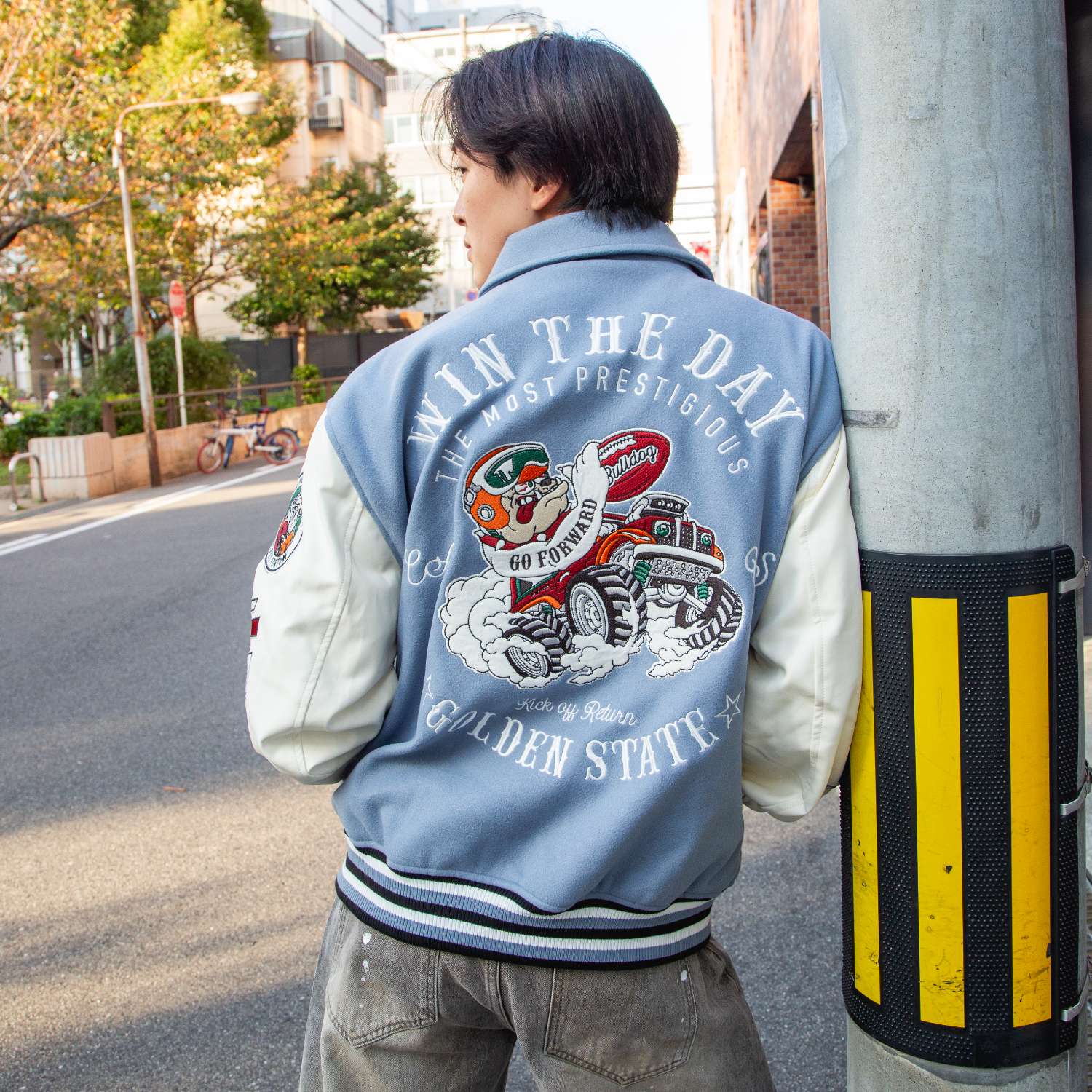 襟付きZIPブルドック袖PUスタジアムブルゾン（254-2017）