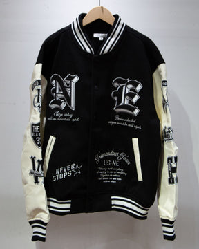 リブ襟ドット釦フェイクメルトン袖PUスタジアムブルゾン（254-2047）