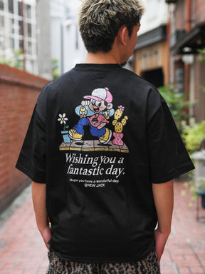 NEW JACK 缶バッジ付き掠れプリント 半袖Tシャツ(NJ262-2776)