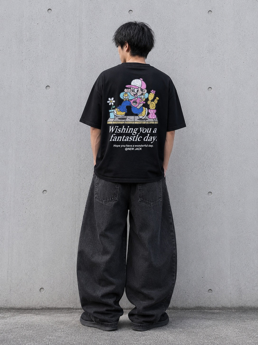 NEW JACK 缶バッジ付き掠れプリント 半袖Tシャツ(NJ262-2776)