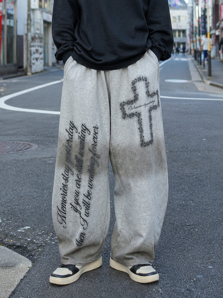 クロスプリントバレルレッグスエットパンツ（260312-025）